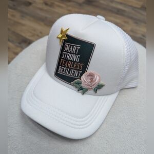 Custom Patch Trucker Hat - Strong Fearless Resilient Rose - Adjustable Snapback